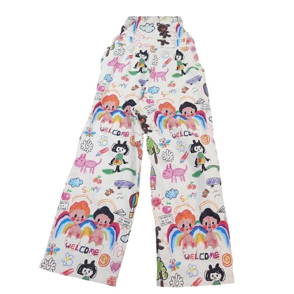 Shein Overalls Womens M Multicolor Kidcore Teacher‎ Doodle All Over Print - Picture 3 of 15